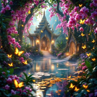 The primary subject of the image is a beautifully designed and decorated house, surrounded by a lush garden with flowers and butterflies. The house is situated in a serene and picturesque setting, with a river flowing nearby. The visual style of the image is a combination of photo and digital art, creating a vibrant and captivating scene. The colors and mood of the image are predominantly warm and inviting, with the presence of the flowers and butterflies adding a touch of natural beauty